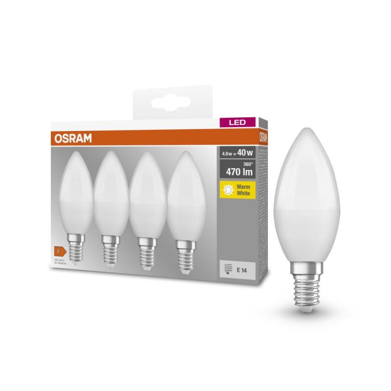 4er-PACK OSRAM LED E14 Leuchtmittel in Kerzenform MATT 4,9W wie 40W warmweisses Licht